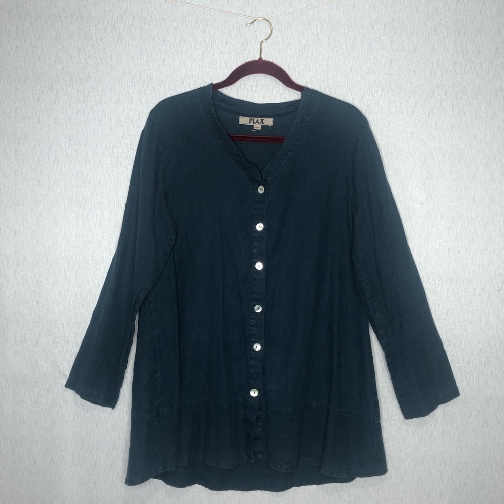 FLAX Women's Shirt Tunic S Lagenlook Blue Linen Button Front V-Neck Oversized